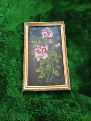Framed embroidery with pink roses