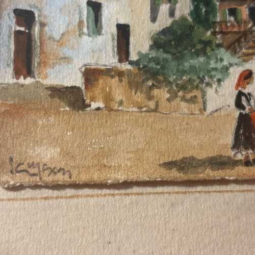 Watercolor painting used, 20th century village houses