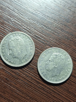 Spain 5 Pesetas used, 1975 & 1983, set of 2 coins