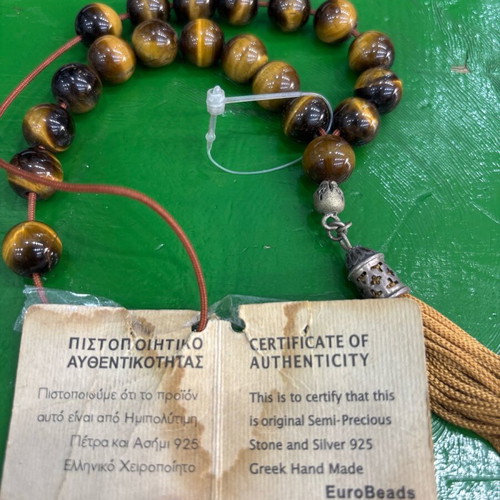 Worry beads new with tiger's eye stone and certificate of authenticity