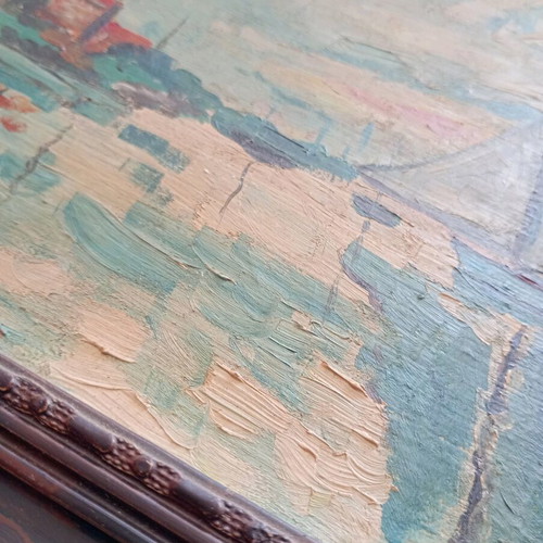 Vintage painting used, sailboats on the Seine inspired by Claude Monet