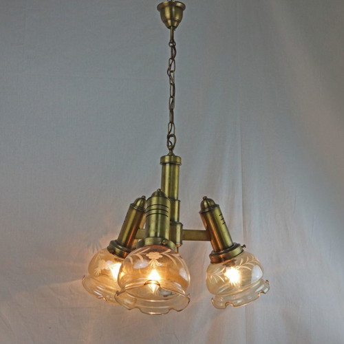 Three-light ceiling lamp brass and glass, new, 1950s