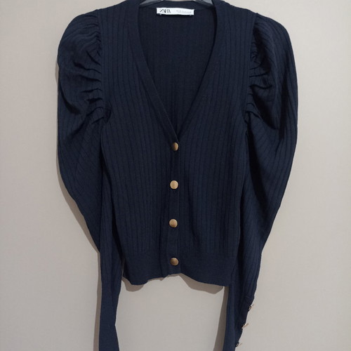 Ribbed knit cardigan new with gold buttons blue size M