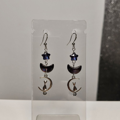 Handmade cat and moon earrings with crystals, stainless steel