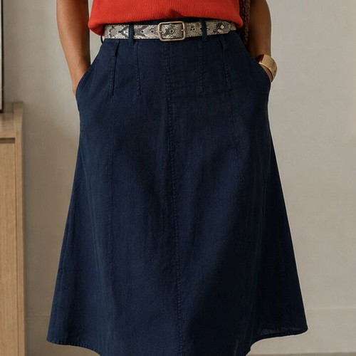 Adagio Vintage Navy Blue Linen A-Line Midi Skirt Lined Pockets L