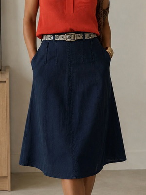 Adagio Vintage Navy Blue Linen A-Line Midi Skirt Lined Pockets L