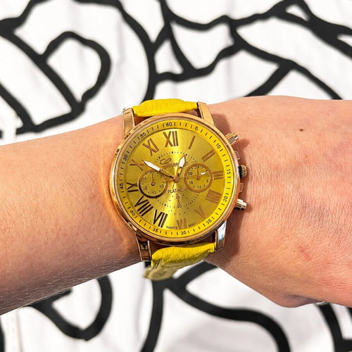 Unisex wristwatch with yellow synthetic leather strap new