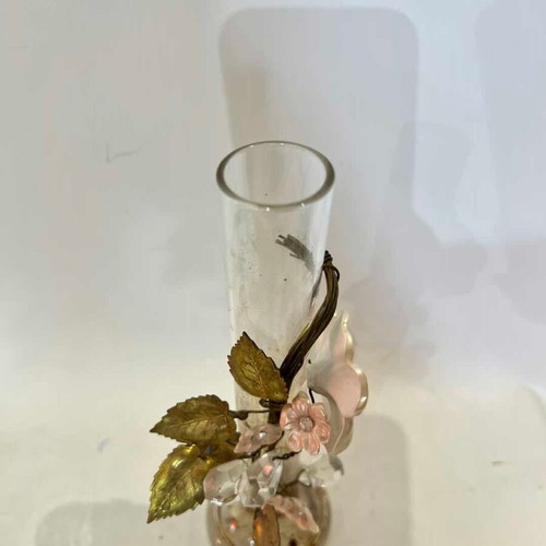 Vintage glass vase with decorative flowers used, 21x5.5 cm