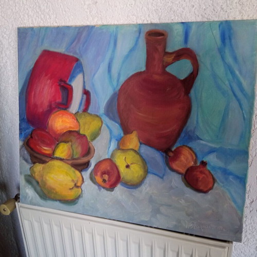 Oil painting authentic on canvas used, jug and fruits