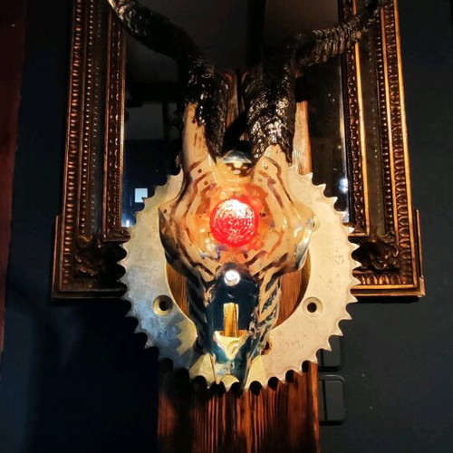 Table lamp handmade with carved goat skull and driftwood base