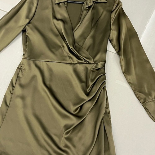 olive green satin dress zara NEW Zara Khaki Olive Green Silky Satin Cutout Long Sleeve Midi Maxi Dr –  Brie main image 1