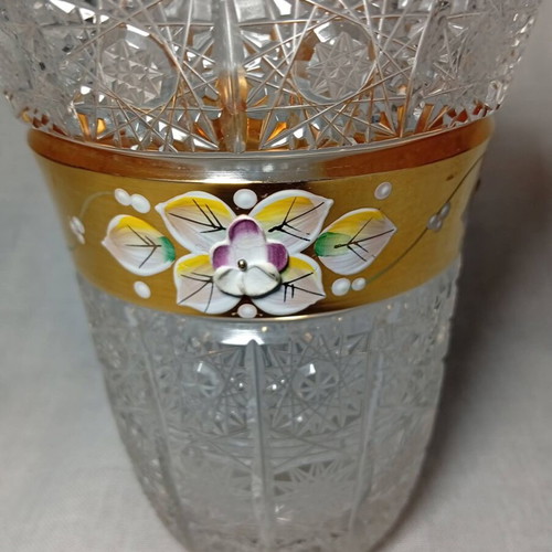 Crystal vase handmade, used, Bohemian style with gold base