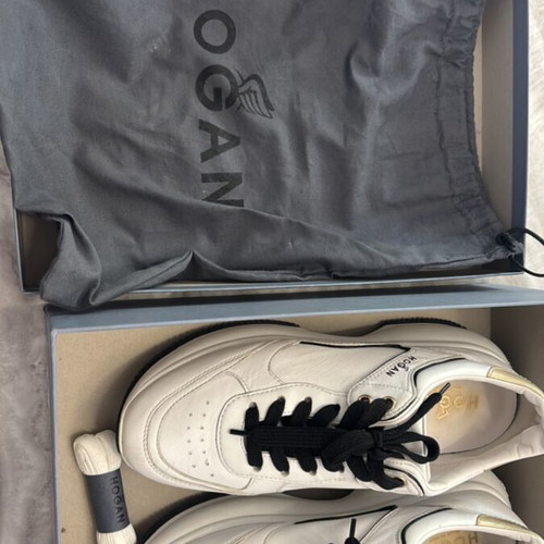 Hogan white leather sneakers with black and gold details, size 39.5
