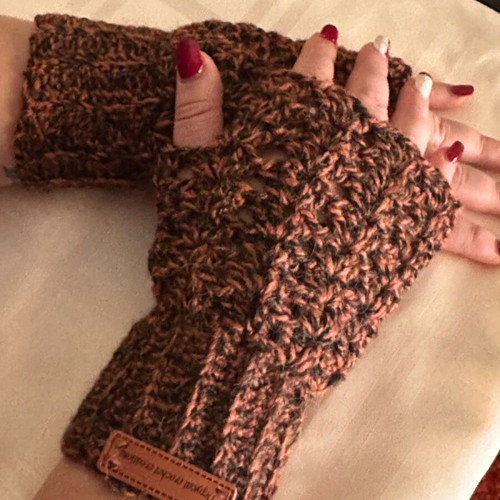 Handmade knitted set scarf, hat and gloves brown