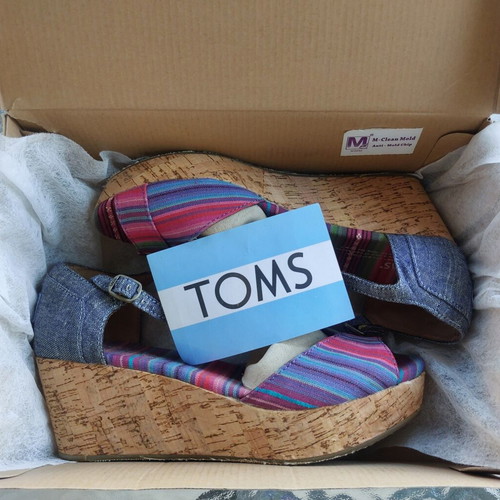 Toms platform sandals with cork and multicolor denim, like new