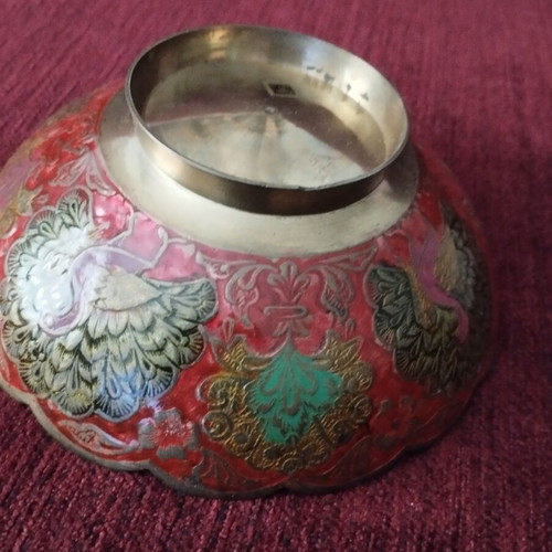 Indian brass bowl used with colorful enamel peacock design