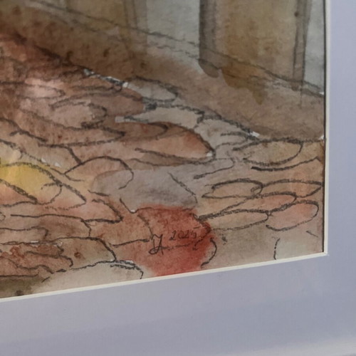 Original watercolor painting Tryavna, framed with passepartout, 30x40 cm