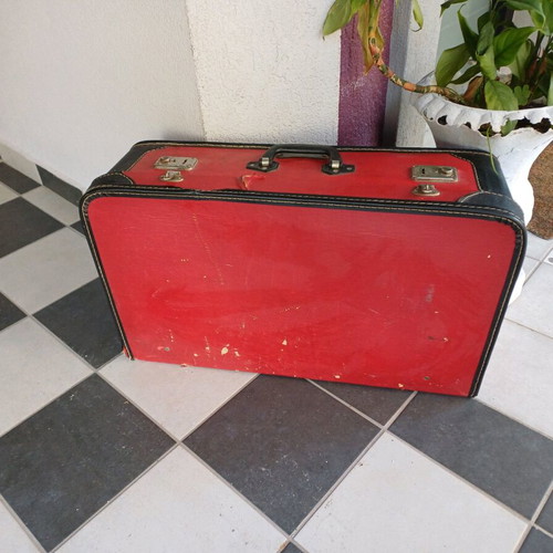 Vintage suitcase used, red for decoration