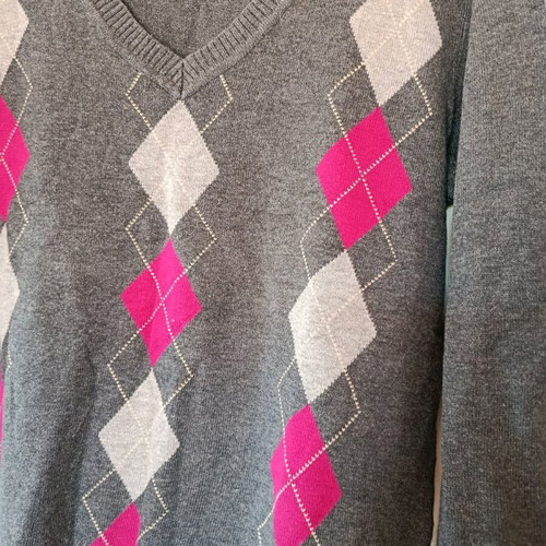 Argyle knitted sweater like new, grey/fuchsia, size M/L