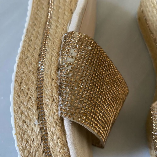 Gold slippers with straw platform and rhinestones like new