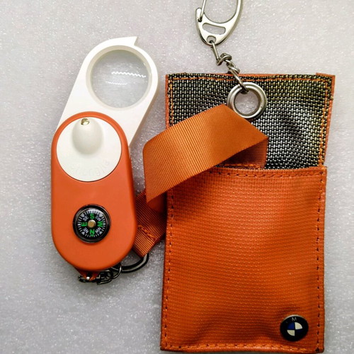 Orange BMW keychain with compass, magnifier, led and key case new