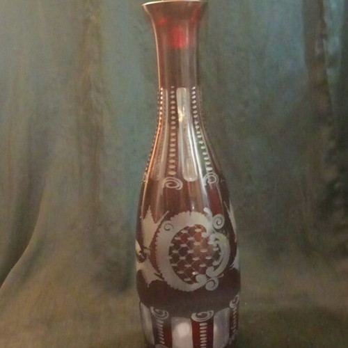 Vintage Egermann Ruby Cut to Clear Crystal Decanter with Stopper