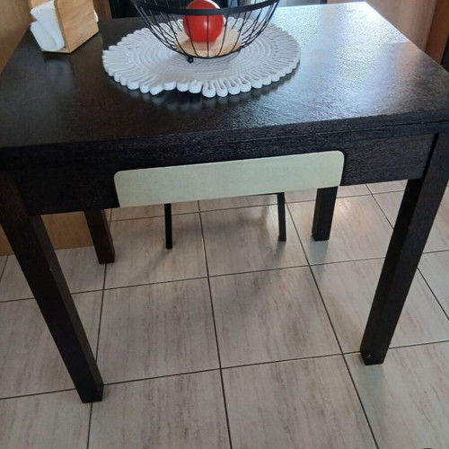 Extendable kitchen table used, black with silver drawer