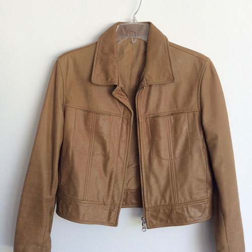 Women's Camel Leather Jacket Cropped used, size S/M, beige