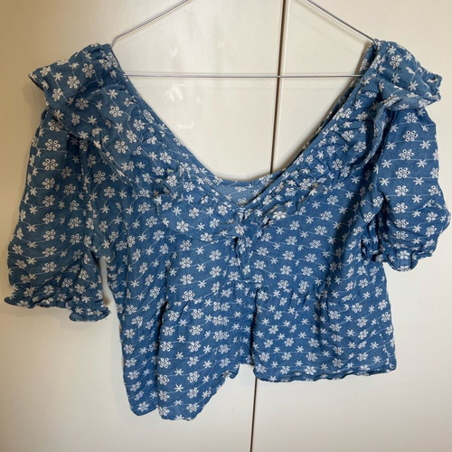 Blue denim blouse with flowers and frills on sleeves like new
