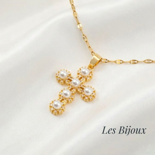 Gold Cross Necklace with Pearls Stainless Steel New