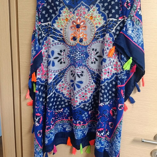 Caftan blouse like new, summer style with tassels, blue multicolor