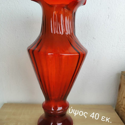 Vintage Large Glass Vase used, bright red, 40cm height