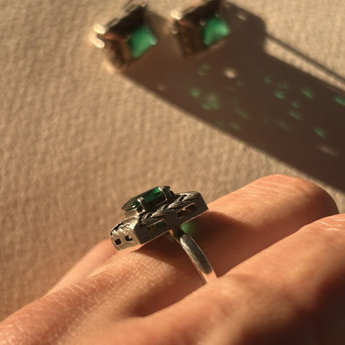 Vintage 925 Silver Ring and Earrings Set with Green Emerald Stones