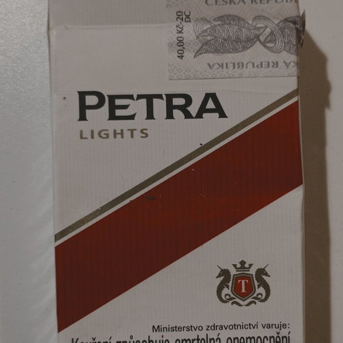 Petra Lights cigarette pack used, empty, hard case
