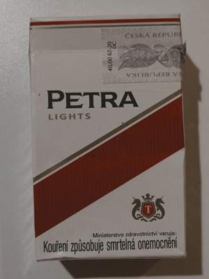 Petra Lights cigarette pack used, empty, hard case