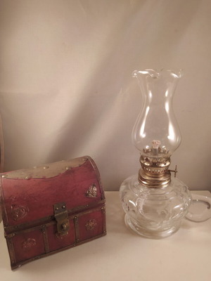 Oil lamp and wooden miniature chest, vintage decorative set