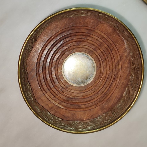 Wine Coasters used, silver metal with wooden base, repoussé grape motif
