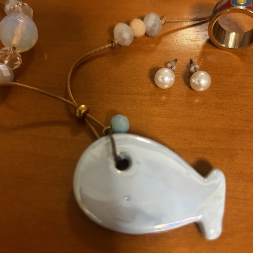 Fish Necklace 50 cm with pearl earrings and ring, new