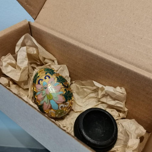 Cloisonne egg vintage used with floral motifs and wooden base