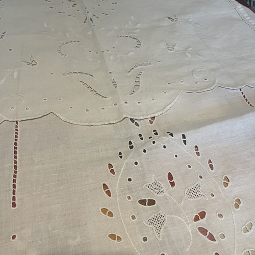 Two handmade linen window curtains with cutwork embroidery and openwork
