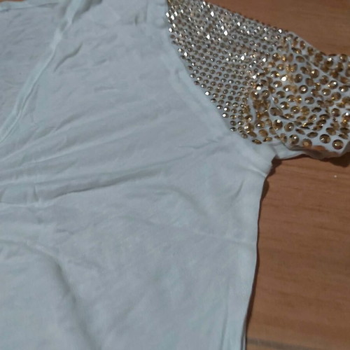 Roberto Cavalli vintage white T-shirt with sequined sleeves and glam neckline, like new