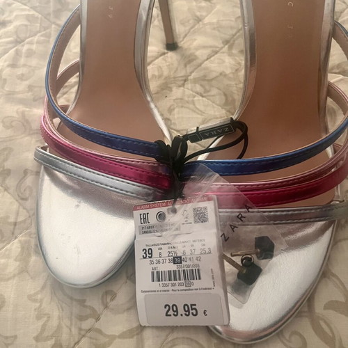 Zara Trafaluc high-heeled sandals new, multicolor straps, silver texture