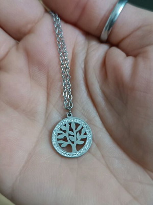 Stainless steel tree necklace with rhinestones new, silver