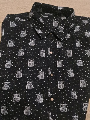 Fullah Sugah black shirt with white owl pattern like new, size L