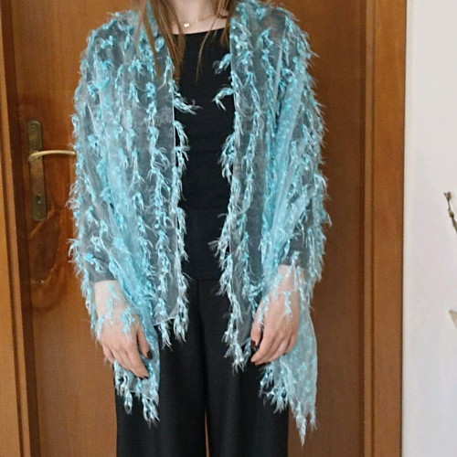 Blue scarf with fringes like new, lightweight and semi-transparent