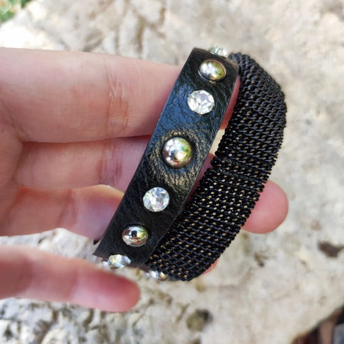 Bracelet with rhinestones and studs, like new, black leather