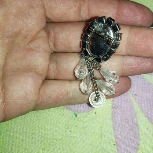 Pin with black bead, diamonds and hanging clear crystals like new