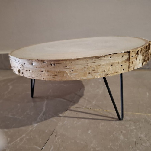 Handmade low stand serving platter with natural wood slice and metal hairpin legs