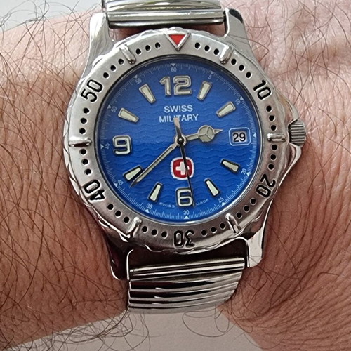 Swiss Military men's watch used, blue dial, silver bracelet