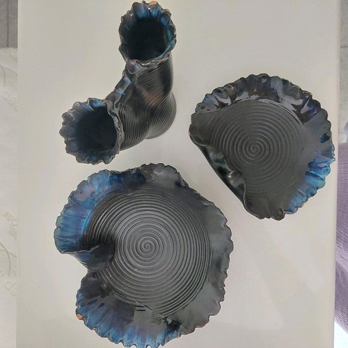 Set of 3 used clay decorative items with porcelain, blue-light blue-black